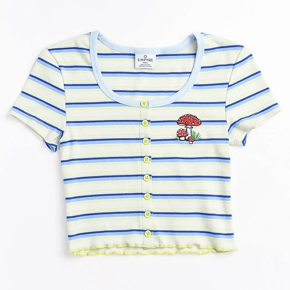 NWOT Empyre Paris Button Front Blue Stripe Crop Top - Size Medium